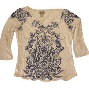 Lucky Brand Woman White Blue Paisley Knit Long Sleeve T Shirt Top M Medium Notch